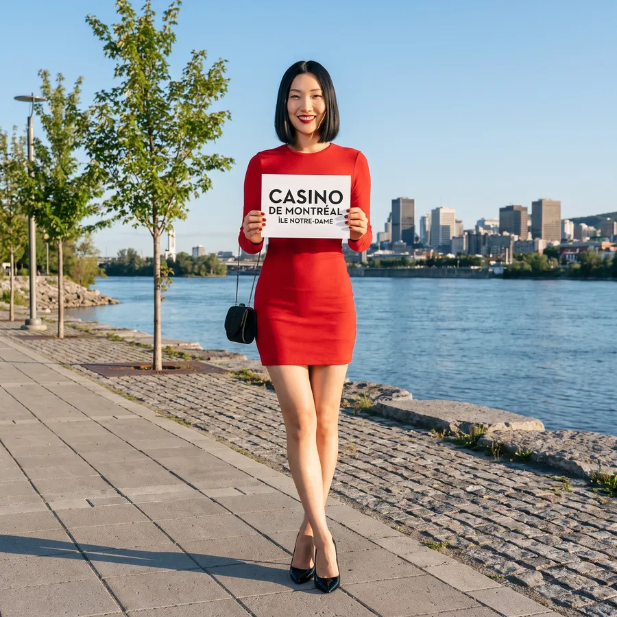 Élodie Chen, en robe rouge, tient une affiche « Casino de Montréal, île Notre-Dame » sur une promenade au bord du fleuve, la ville en face ; image générée.
