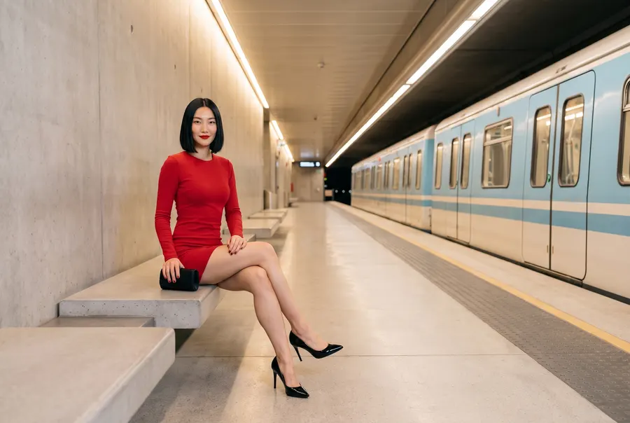 Élodie Chen assise sur un banc de quai de métro, une rame bleu et blanc à l'arrêt ; image générée.